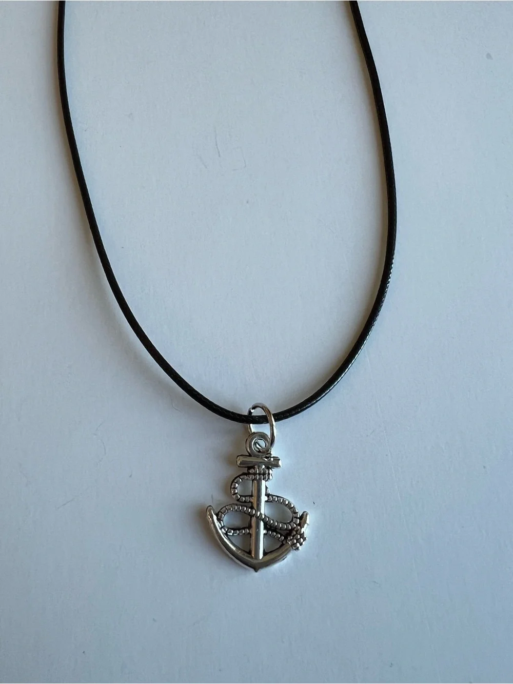 Silver Anchor Pendant Necklace on Black Adjustable Rope Cord – 18.5”